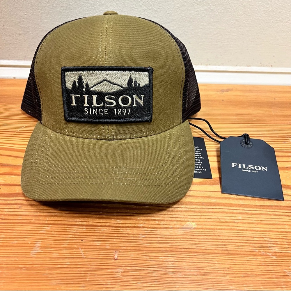 Filson “dropped F” Khaki and Black Logo Trucker Hat
